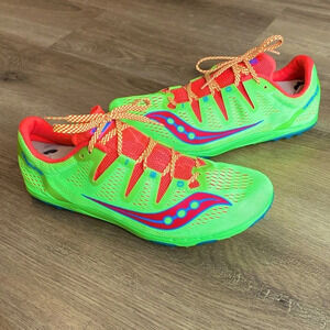 EUC Saucony Carrera XC3 Women’s Spikes in fluorescent green and orange size 11